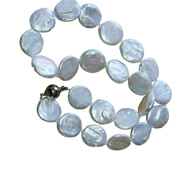 White‎ Coin Cultured Freshwater Pearl Necklace And Earring Set 925S Clasp - Picture 12 of 16